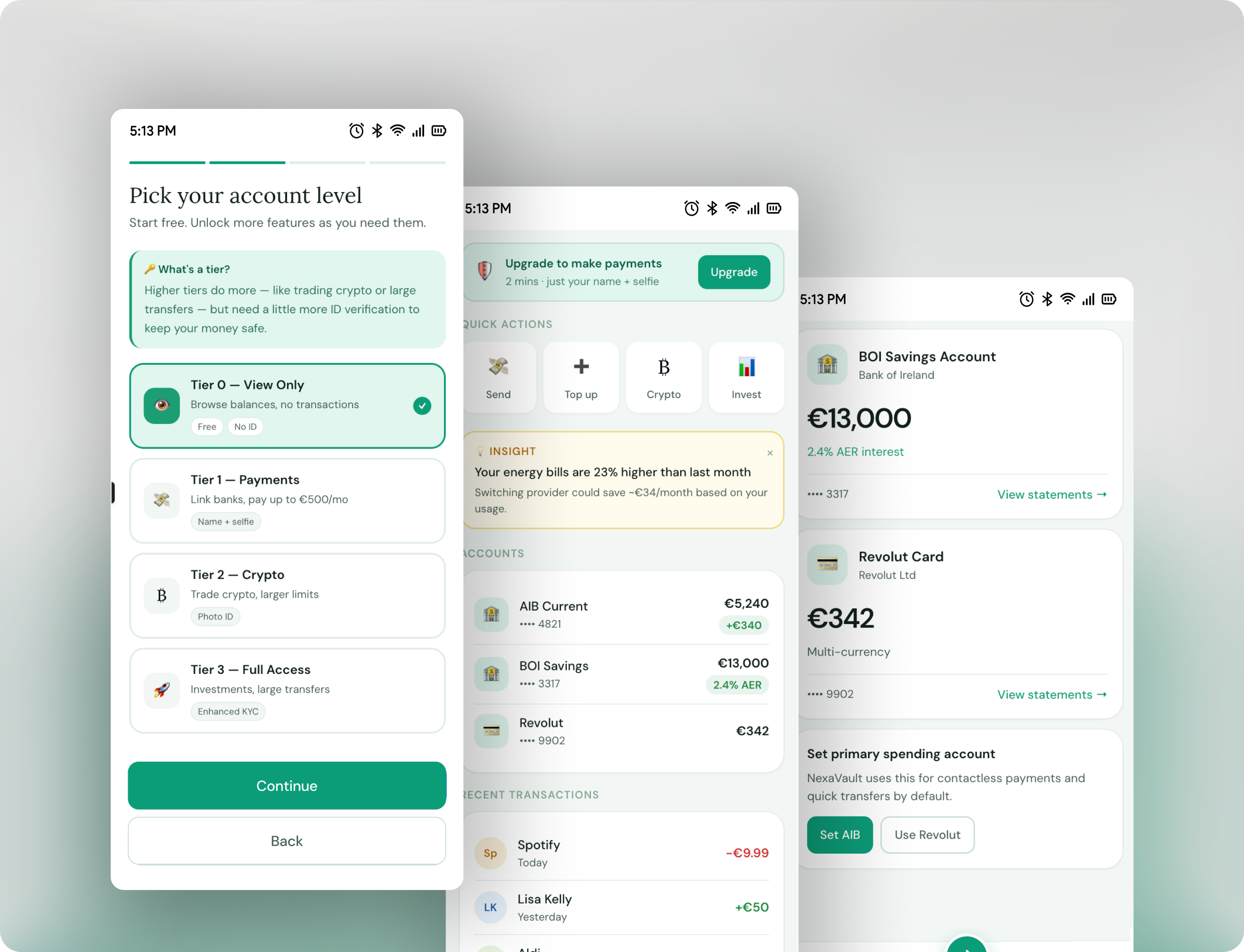 NexaVault app screens